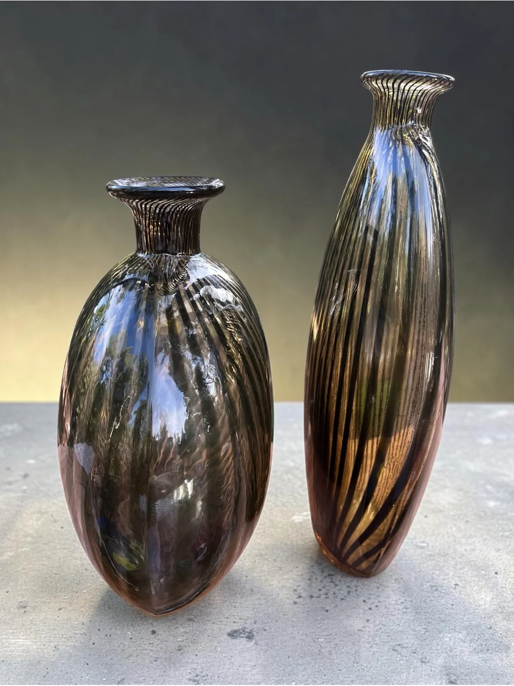Art Deco style Amber Black stinger Stripe Sculptural Glass Vases Set of 2